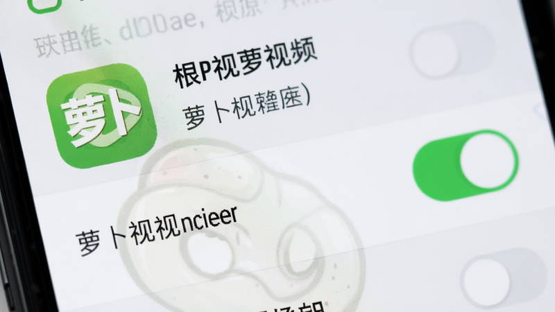 手机设置界面特写,显示权限管理列表,萝卜视频图标清晰可见,权限开关为开启状态,背景简洁,风格扁平,高清,无水印