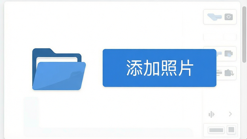展示软件的文件导入界面,一个简洁的文件夹图标和“添加照片”按钮,界面布局清爽,白色背景,蓝色按钮,体现操作的简便性,高清,扁平化设计风格