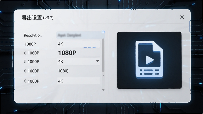 展示导出设置界面,清晰显示分辨率选项如1080P和4K,旁边有一个视频文件图标,界面整洁,科技感与简约风结合,高清,细节丰富