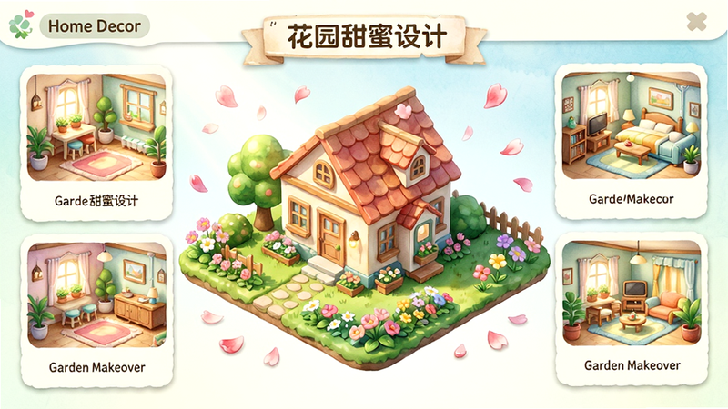 主体为《花园甜蜜设计》游戏主界面,布局清晰展示中央的3D房屋模型与周围环绕的花园元素,排版采用卡片式展示不同房间的预览图,风格为清新治愈系水彩风,细节丰富如花瓣飘落与光影效果,画质高清,干净无多余元素,文字标签为