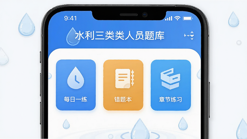 主体为“水利三类人员题库”APP的手机界面展示,布局清晰,包含“每日一练”、“错题本”、“章节练习”三个核心入口,排版简洁现代,风格为扁平化商务风,细节处体现水滴元素象征水利行业,画质高清,干净,无多余元素