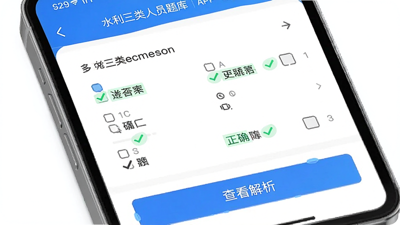 主体为“水利三类人员题库”APP的答题页面,布局展示一道多选题及其四个选项,下方有“查看解析”按钮,排版紧凑合理,风格为极简科技感,细节处高亮显示正确选项的绿色标记,画质清晰,干净,无多余元素