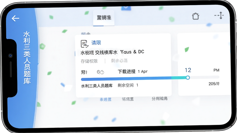 主体为“水利三类人员题库”APP的离线下载设置页面,布局展示存储权限请求和下载进度条,排版直观明了,风格为实用主义,细节处显示剩余空间提示,画质高保真,干净,无多余元素