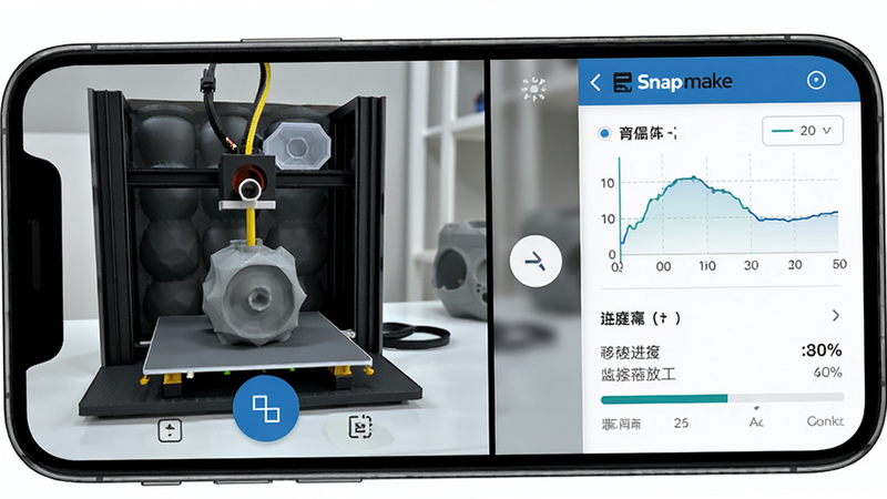手机屏幕分屏显示Snapmaker应用界面,左侧为3D打印模型构建过程的实时视频画面,右侧为数据面板,显示温度曲线与进度百分比,主体突出监控功能,布局左右对称,排版紧凑有序,风格专业严谨,细节展现清晰的视频画质与数据字体,画质高清,干净无杂色