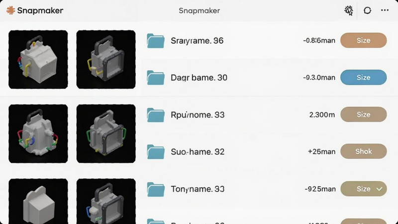 展示Snapmaker文件管理界面,主体为列表形式的文件列表,包含模型缩略图、文件名与大小信息,布局垂直排列,排版简洁明了,风格极简主义,细节处可见文件图标与操作按钮,画质清晰,干净无水印