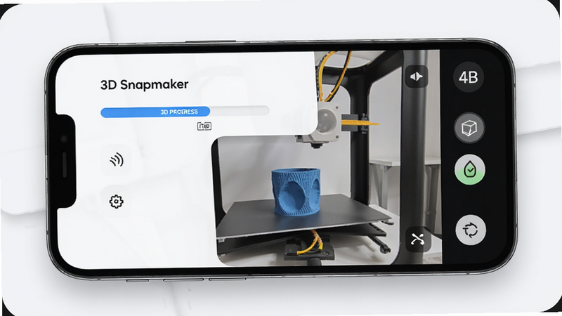 展示Snapmaker应用主界面的高清预览图,主体为手机屏幕,显示正在进行的3D打印进度条、实时摄像头画面以及设备状态图标,布局清晰整洁,排版采用现代扁平化设计,风格科技感强,细节处可见光滑的UI圆角与柔和阴影,画质4k,干净无多余元素