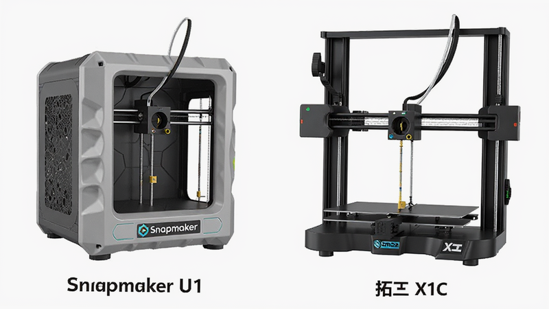 对比展示Snapmaker与拓竹3D打印机外观的示意图,主体为两台打印机并排站立,左侧为Snapmaker U1多合一机型,右侧为拓竹X1C高速打印机,布局左右平衡,排版简洁,风格现代科技,细节展现各自独特的设计语言与品牌Logo,画质高清,干净无背景杂物