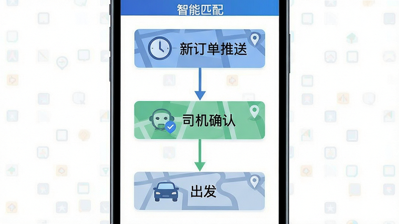 主体为手机界面流程图,展示从“新订单推送”到“司机确认”再到“出发”的三个步骤。布局呈垂直流式,排版紧凑有序。风格为扁平化设计,细节包含时钟图标表示时效,地图图标表示定位。画质清晰,干净,无多余装饰,文字标注为“智能匹配”