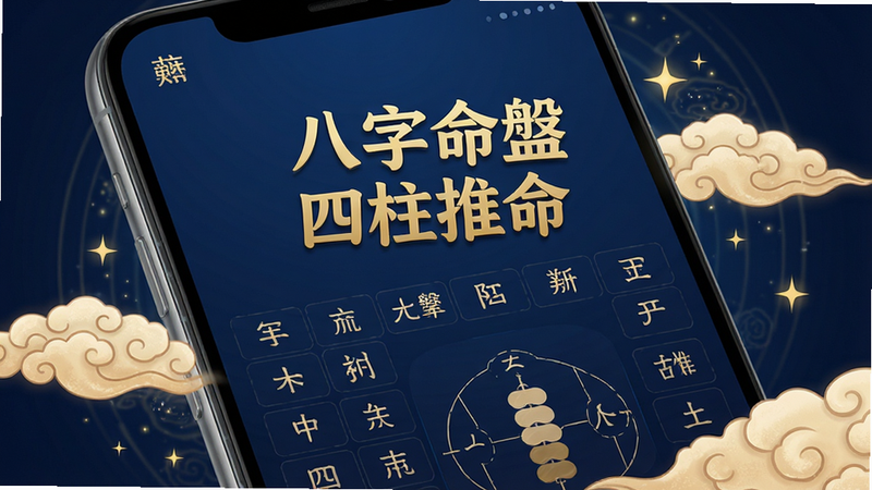 生成一张高清的智能手机屏幕特写图,屏幕中央显示着“八字命 四柱推命”的应用界面,界面设计简洁大气,采用深蓝色背景搭配金色字体,显示着清晰的干支字符和图表,手机周围环绕着淡淡的祥云和星光元素,体现传统与现代科技的结合,画质4k,细节丰富,无多余杂物
