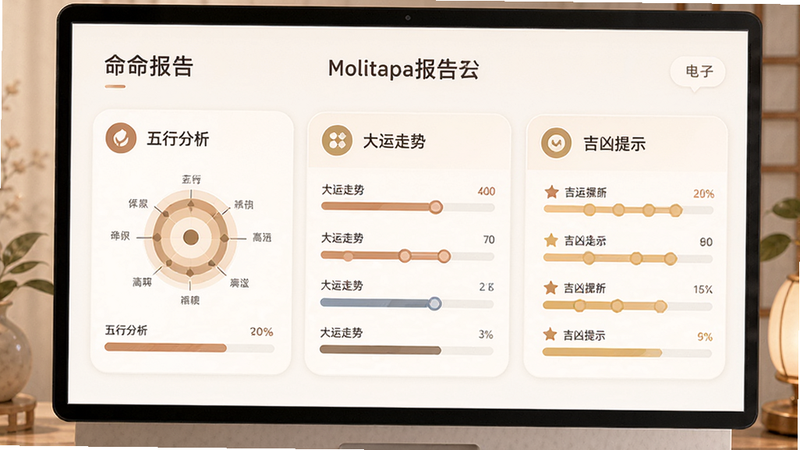 展示一份精美的电子命盘报告界面,页面布局整洁,分为“五行分析”、“大运走势”、“吉凶提示”三个板块,每个板块配有简洁的图标和进度条,色彩搭配柔和温馨,体现专业与亲和力,高清渲染,无水印