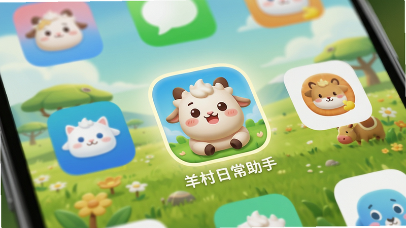 手机桌面壁纸展示图,背景是卡通风格的草原景色,前景悬浮着多个APP图标,其中一个高亮显示为‘羊村日常助手’,图标设计圆润可爱,整体色调和谐,光影效果自然,细节丰富,高质量渲染