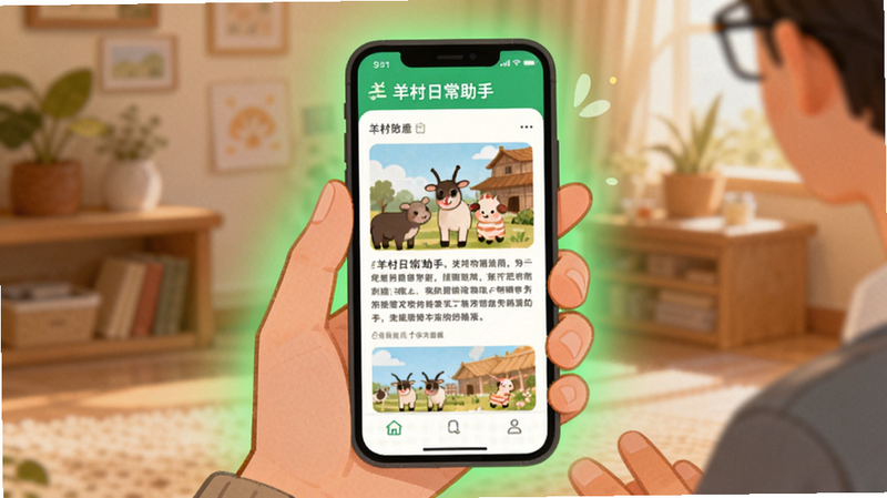 一个手持手机的场景插图,手机屏幕显示着一篇图文并茂的文章,背景虚化处理,突出屏幕内容,屏幕顶部显示‘羊村日常助手’APP名称,周围有淡淡的绿色光晕,风格温馨,构图平衡,画质细腻