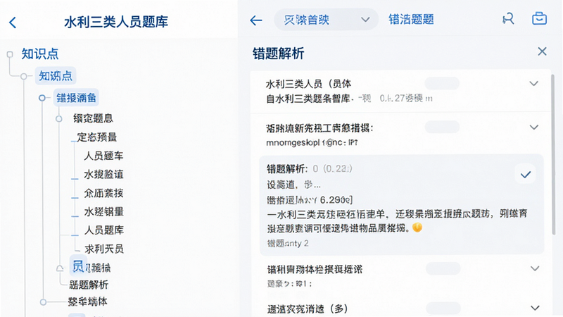 主体为“水利三类人员题库”APP的错题本功能界面,布局左侧为知识点树状图,右侧为具体错题列表,排版逻辑性强,风格极简白底蓝字,细节展示错题解析区域,画质高清,干净无多余元素