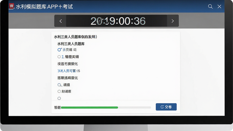 主体为“水利三类人员题库”APP的模拟考试界面,布局顶部显示剩余时间倒计时,中部为单选题干与选项,底部显示答题进度条,排版模拟电脑端考试系统,风格严肃专业,细节包含交卷按钮,画质清晰,干净无多余元素