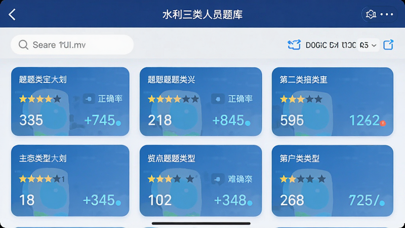 主体为“水利三类人员题库”APP内的题库列表界面,布局为卡片式设计,每张卡片显示题目类型、难度星级和正确率,排版紧凑有序,风格科技感,细节包含搜索栏和筛选器,画质清晰,干净无多余元素