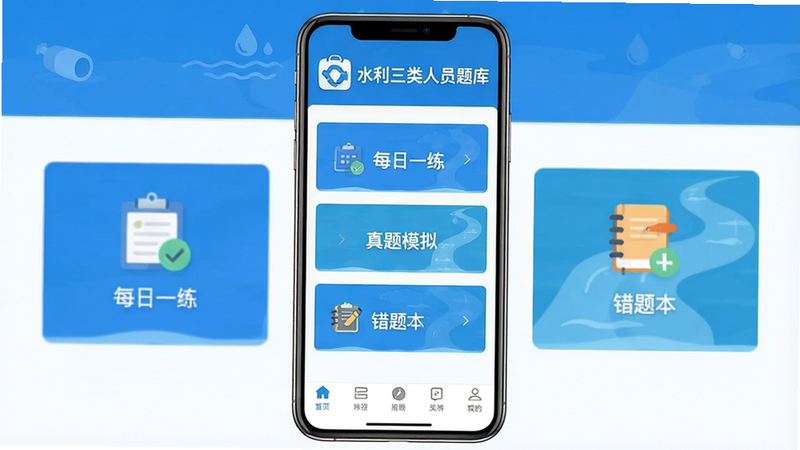 主体为一款名为“水利三类人员题库”的安卓APP界面展示图,布局采用现代简约扁平化设计,顶部显示软件名称Logo,中间为核心功能模块如“每日一练”、“真题模拟”、“错题本”,底部为导航栏,排版整齐清晰,风格清新专业,细节处体现水利元素蓝色调,画质高清,干净无多余元素