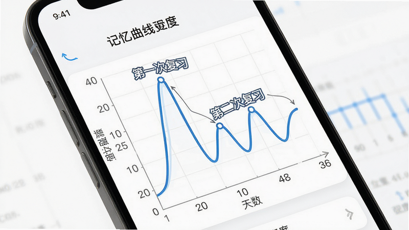 手机应用界面展示“记忆曲线”图表,横轴为天数,纵轴为记忆强度,曲线呈现波峰波谷,标注“第一次复习”“第二次复习”等节点,界面简洁,蓝色线条,白色背景,数据可视化风格,清晰易读,无多余元素,高清画质