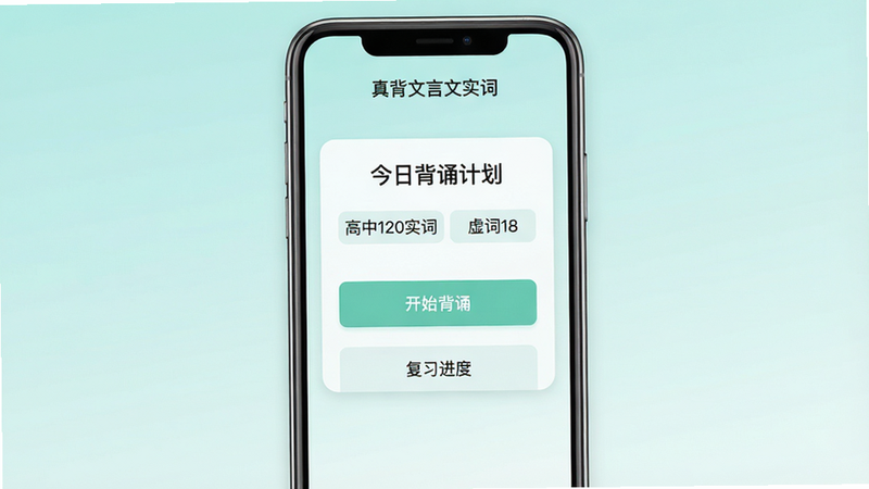 主体为一款名为“真背文言文实词”的手机应用界面截图,背景为淡青色渐变,中央显示“今日背诵计划”卡片,包含“高中120实词”和“虚词18”两个标签,下方有“开始背诵”和“复习进度”按钮,整体风格简约清新,扁平化设计,无多余装饰,高清细节,干净背景