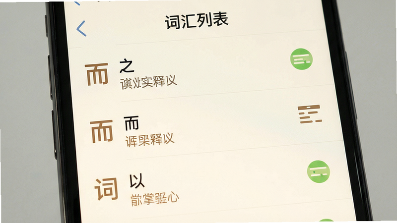 手机应用界面展示“词汇列表”页面,列表中包含“之”“而”“以”等虚词及其实词释义,每项配有小图标表示掌握程度,界面布局整齐,字体清晰,背景为米白色,强调文字内容,无复杂图形,简约教育风格,高清细节