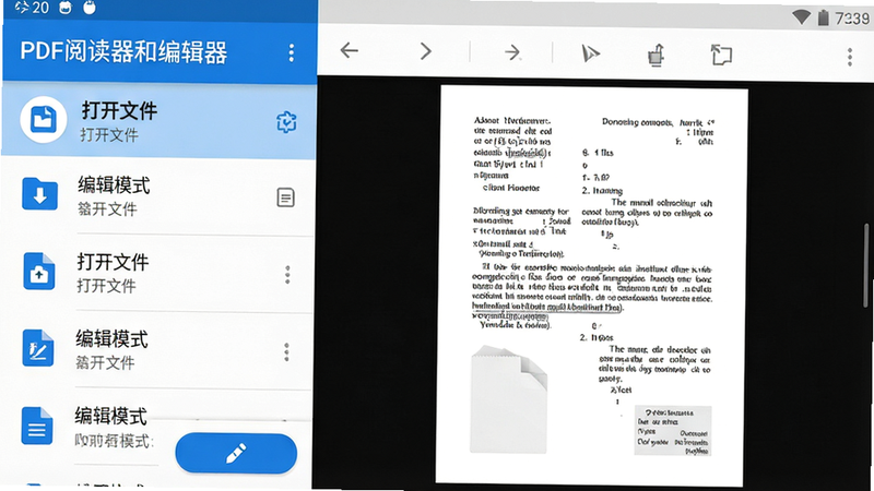 一张高清手机屏幕截图,展示“PDF阅读器和编辑器”安卓应用主界面,左侧为文件列表栏,右侧为清晰的PDF文档预览区,界面风格现代简约,主色调为科技蓝与白色,文字清晰可见,包含“打开文件”和“编辑模式”按钮,背景干净无杂乱元素,高分辨率,写实风格