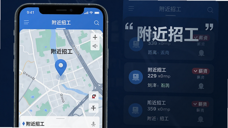 主体为手机应用界面,展示地图定位与周边职位列表,布局为左地图右列表,风格科技感蓝色调,细节显示距离与薪资标签,画质清晰,干净,文字“附近招工”加引号