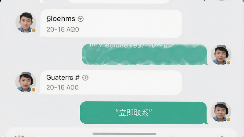 主体为聊天界面截图,显示用户与招工方的对话气泡,布局上下对称,风格简约白色背景,细节包含时间戳与发送状态,画质高保真,干净,文字“立即联系”加引号