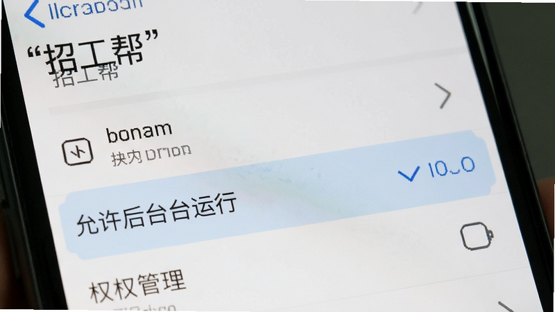 主体为手机设置界面截图,显示权限管理页面,布局列表式,风格系统原生UI,细节高亮“允许后台运行”选项,画质清晰,干净,文字“招工帮”加引号