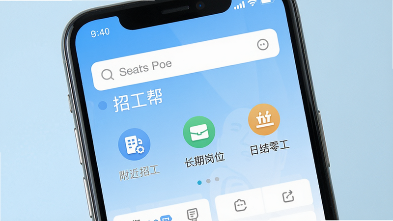 主体为手机屏幕界面,显示“招工帮”APP首页,布局清晰,顶部搜索栏下方排列着“附近招工”、“长期岗位”、“日结零工”等图标,背景为浅蓝色渐变,风格扁平化现代UI,细节丰富,画质高清,干净无多余元素,文字“招工帮”清晰可见