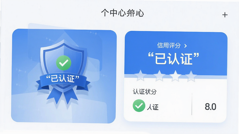 主体为个人中心界面,显示实名认证徽章与信用评分,布局卡片式,风格安全蓝色盾牌元素,细节展示认证状态与评分星级,画质清晰,干净,文字“已认证”加引号