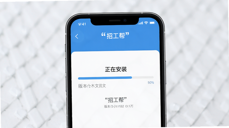 主体为手机安装界面,显示“正在安装”进度条,布局居中,风格简洁现代,细节显示文件大小与版本信息,画质高清,干净,文字“招工帮”加引号
