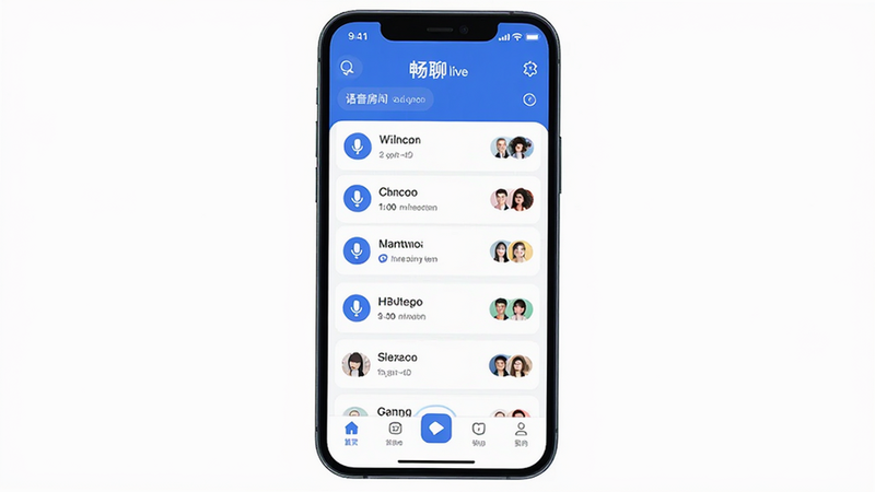 主体为畅聊live应用界面全景,布局居中展示手机屏幕,排版清晰显示语音房间列表与底部导航栏,风格为现代扁平化设计,蓝色为主色调,细节包含麦克风图标与在线用户头像,画质高清,干净,无多余元素