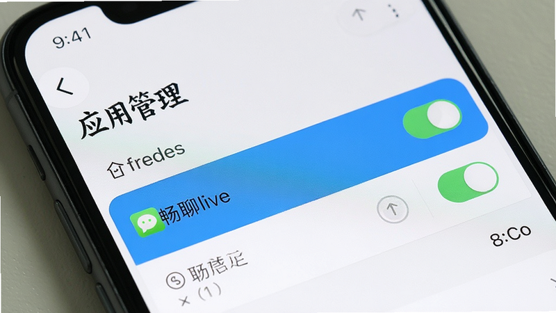 主体为手机设置界面,布局展示“应用管理”页面,排版高亮“畅聊live”条目,风格为系统原生UI,细节包含权限开关图标,画质清晰,干净,无多余元素
