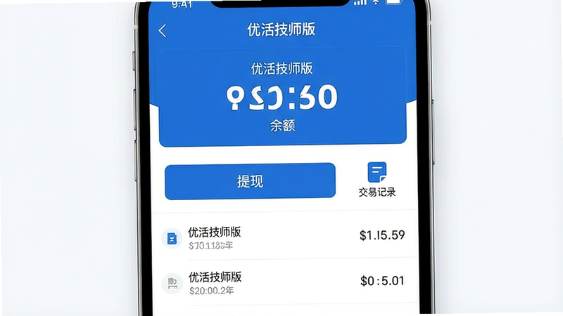 一张财务结算界面概念图,主体为“优活技师版”APP的钱包页面,布局上方为余额大字显示,下方为交易列表,排版简洁明了,风格为商务蓝与白色,细节包含“提现”按钮和“交易记录”图标,文字清晰显示“优活技师版”和“余额”,画质细腻,干净无杂乱背景