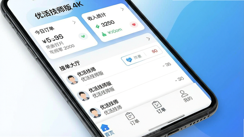 一张高清手机界面展示图,主体为“优活技师版”APP的主屏幕,背景为简洁的白色与品牌蓝色渐变,布局清晰,顶部显示“今日订单”和“收入统计”模块,中间为“接单大厅”列表,底部为导航栏,包含“首页”、“订单”、“我的”图标,风格为现代扁平化设计,细节精致,文字清晰可见“优活技师版”,画质4k,干净无多余元素