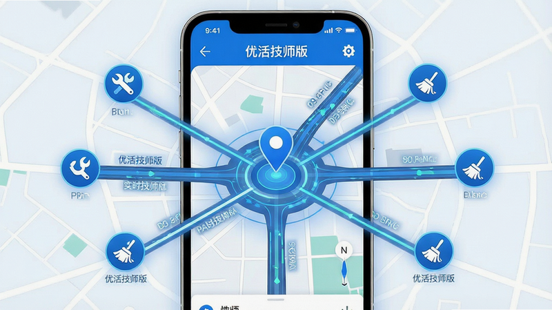 一张科技感地图示意图,主体为手机地图界面,显示“优活技师版”中的订单轨迹,布局中心为技师当前位置,周围辐射出多个带有服务图标(如扳手、拖把)的地点,排版呈放射状,风格为科技蓝与白色结合,细节包含实时路况线条和距离标注,文字清晰显示“优活技师版”,画质高清,干净