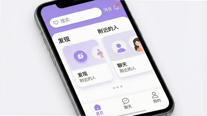 一张高质量的移动端UI设计展示图,主体为盼伴APP的主界面,布局清晰,顶部是搜索栏和消息通知图标,中间是‘发现’和‘附近的人’两个核心模块的卡片式展示,底部是导航栏。风格为现代扁平化设计,配色以柔和的紫色和白色为主,体现温馨与科技感。细节包括圆角卡片、清晰的图标、柔和的阴影效果,画质高清,干净无多余元素。文字内容包含“盼伴”、“发现”、“附近的人”、“聊天”、“我的”。