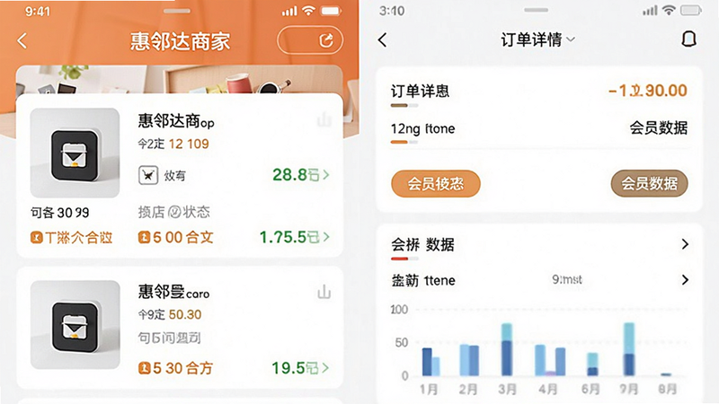 主体为惠邻达商家APP界面展示,布局采用左右分栏,左侧显示商品列表与库存状态,右侧展示订单详情与会员数据,排版清晰简洁,风格现代商务,细节包含清晰的按钮图标与数据图表,画质高清,干净,无多余元素,文字包含