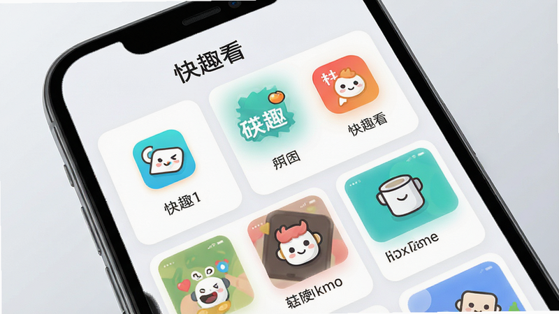 主体为智能手机屏幕特写,显示“快趣看”APP首页界面,布局采用卡片式网格,排版整齐,风格为现代扁平化设计,细节包含清晰的图标和文字标签,画质高清,干净,无多余元素,背景为柔和的浅灰色渐变