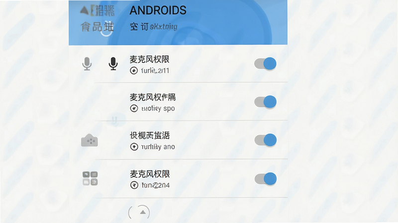 生成一张手机设置权限界面的示意图,主体为安卓系统设置菜单,布局垂直列表,排版标准系统风格,细节处有开关按钮,画质清晰,干净,无多余元素,文字显示“麦克风权限”