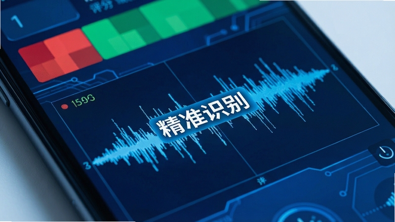 生成一张展示语音波形分析的特写图片,主体为手机屏幕上的声波图,布局上显示红绿相间的评分色块,排版紧凑,风格科技感蓝色调,细节处有单词高亮显示,画质高清,干净,无多余元素,文字标注“精准识别”