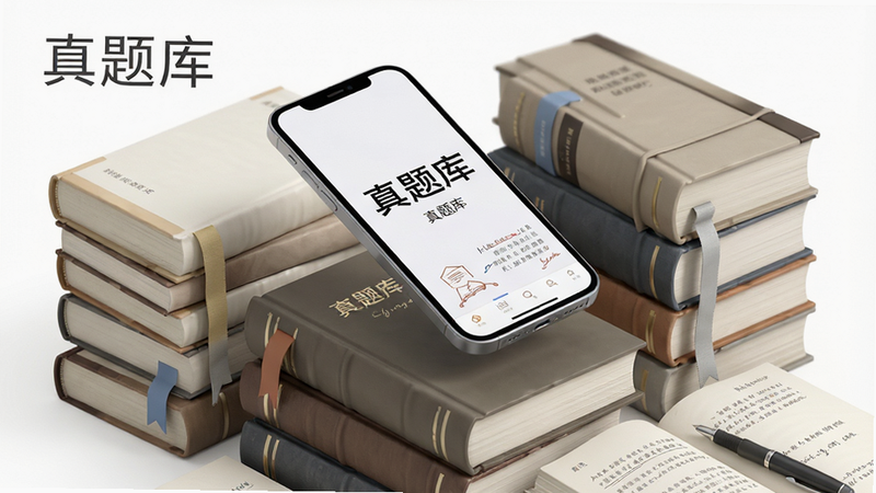 生成一张书籍堆叠与手机屏幕互动的概念图,主体为手机悬浮在书本上方,布局错落有致,排版立体感强,风格学术风白底,细节处有书签和笔迹,画质细腻,干净,无多余元素,文字标注“真题库”