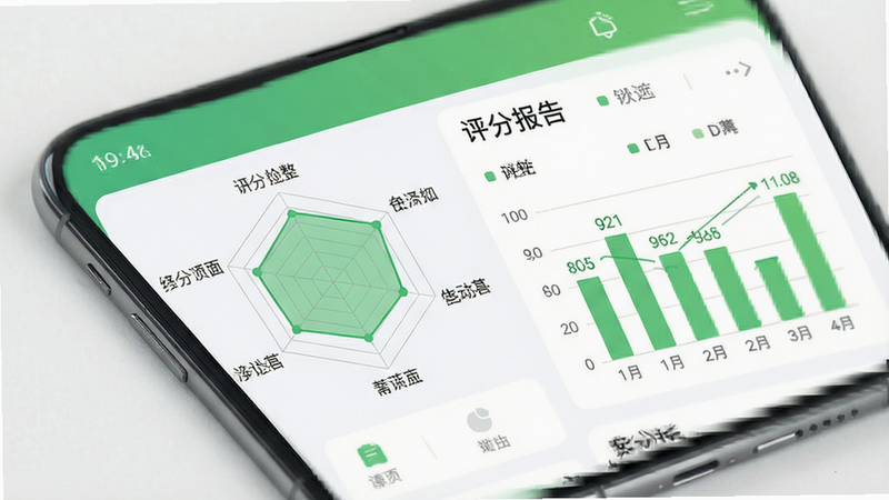 生成一张数据可视化图表的图片,主体为手机界面,布局包含一个雷达图和柱状图,排版平衡,风格清新绿色系,细节处有数据标签,画质清晰,干净,无多余元素,文字显示“评分报告”