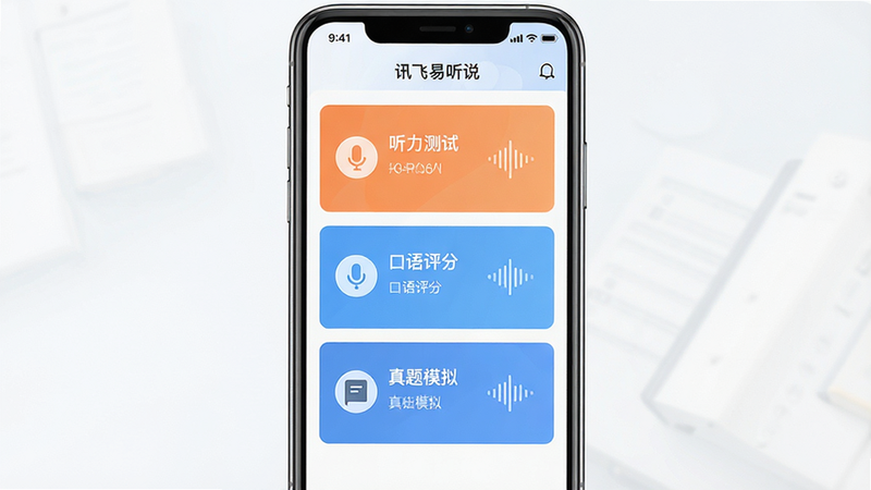 生成一张讯飞易听说APP的高清界面截图,主体为手机屏幕,布局清晰展示首页的“听力测试”、“口语评分”、“真题模拟”三大功能模块,排版简洁现代,风格扁平化UI,细节处有麦克风图标和声波动画,画质超清,干净,无多余元素,文字清晰显示“讯飞易听说”