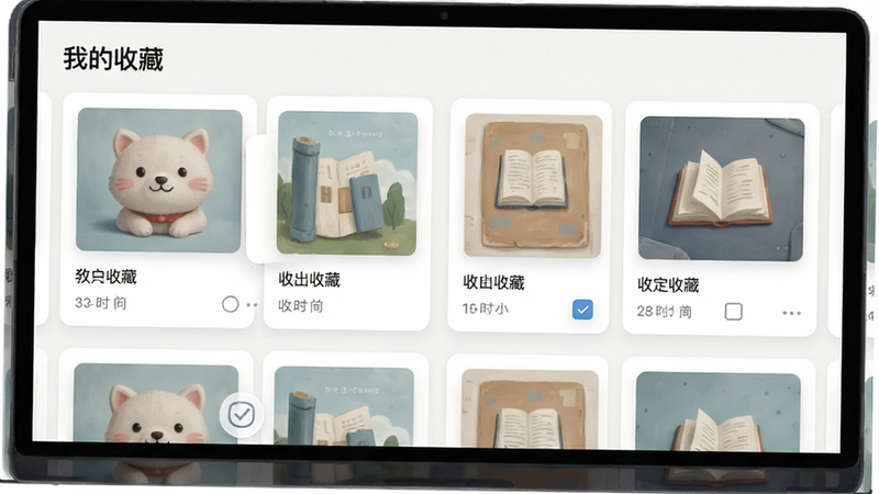 主体为收藏管理界面,布局为卡片式布局,每个卡片显示封面图、标题和收藏时间,支持多选操作,风格为简洁明了,色彩柔和,细节清晰,画质高清,干净,无多余元素,文字显示