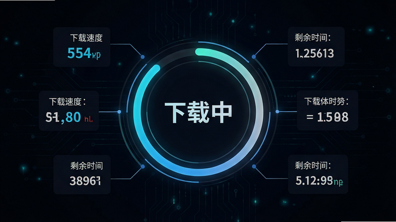 主体为下载进度界面,布局为中央有一个圆形进度条,周围环绕着下载速度、剩余时间等数据信息,背景为深色模式,风格为科技感强,色彩对比度高,细节精致,画质高清,干净,无多余元素,文字显示