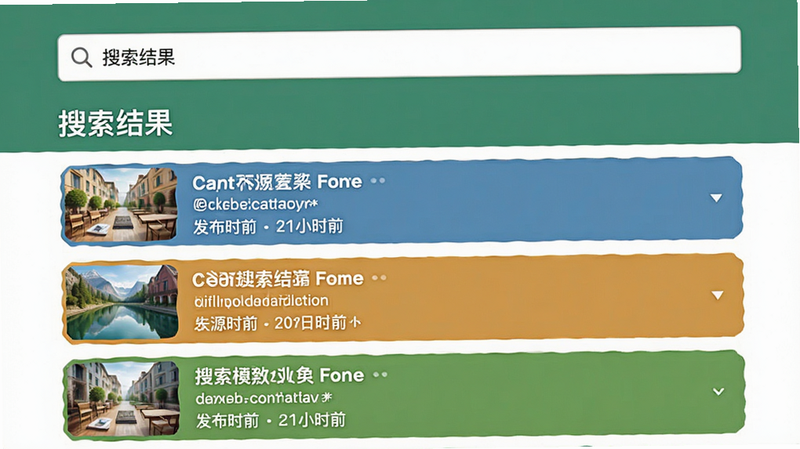 主体为搜索结果页面,布局为顶部搜索框,下方为结果列表,每个结果包含缩略图、标题、来源和发布时间,风格为清晰直观,色彩搭配和谐,细节丰富,画质高清,干净,无多余元素,文字显示