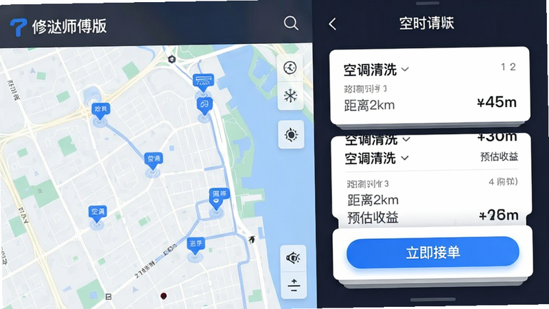 展示“修哒师傅版”App订单列表界面的UI设计图,左侧为地图视图标记多个订单点位,右侧为滑动的订单卡片,卡片上清晰显示“空调清洗”、“距离2km”、“预估收益”等关键信息。界面布局左右分栏,视觉引导流畅,高亮显示“立即接单”按钮。风格现代科技,细节处有微妙的阴影效果,体现操作的便捷性与实时性。