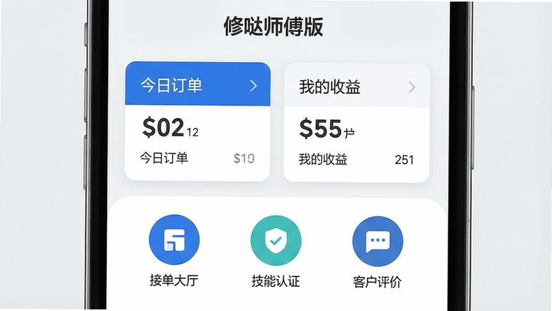 一张高清的智能手机界面预览图,主体为“修哒师傅版”App的首页界面,背景为干净的浅灰色。屏幕中央显示醒目的“今日订单”和“我的收益”卡片,下方排列着“接单大厅”、“技能认证”、“客户评价”等圆形图标。整体风格为现代极简主义,UI设计扁平化,色彩以品牌蓝和白色为主,字体清晰易读。画质细腻,无多余装饰元素,展现专业、高效的工作台氛围。