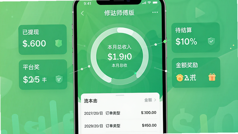 “修哒师傅版”App收益中心页面的界面设计,中心是一个圆环图显示本月总收入,周围环绕着“已提现”、“待结算”、“平台奖励”等数据模块。下方是流水列表,每条记录清晰标注日期、订单类型和金额。色彩搭配采用清新的绿色系代表收益,界面整洁有序,强调数据的安全感与清晰度,无杂乱元素。