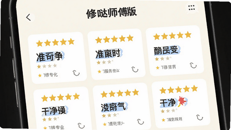 “修哒师傅版”App用户评价页面的界面设计,展示多个五星好评卡片,评论内容突出“准时”、“专业”、“干净”等关键词。界面布局清晰,星级图标醒目,背景为淡雅的米白色,传达出高质量服务的正面形象,无杂乱信息。